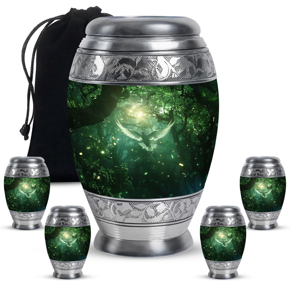 Bird Urn for Human Ashes, White Dove Through Glowing Forest, Green Memorial Urn