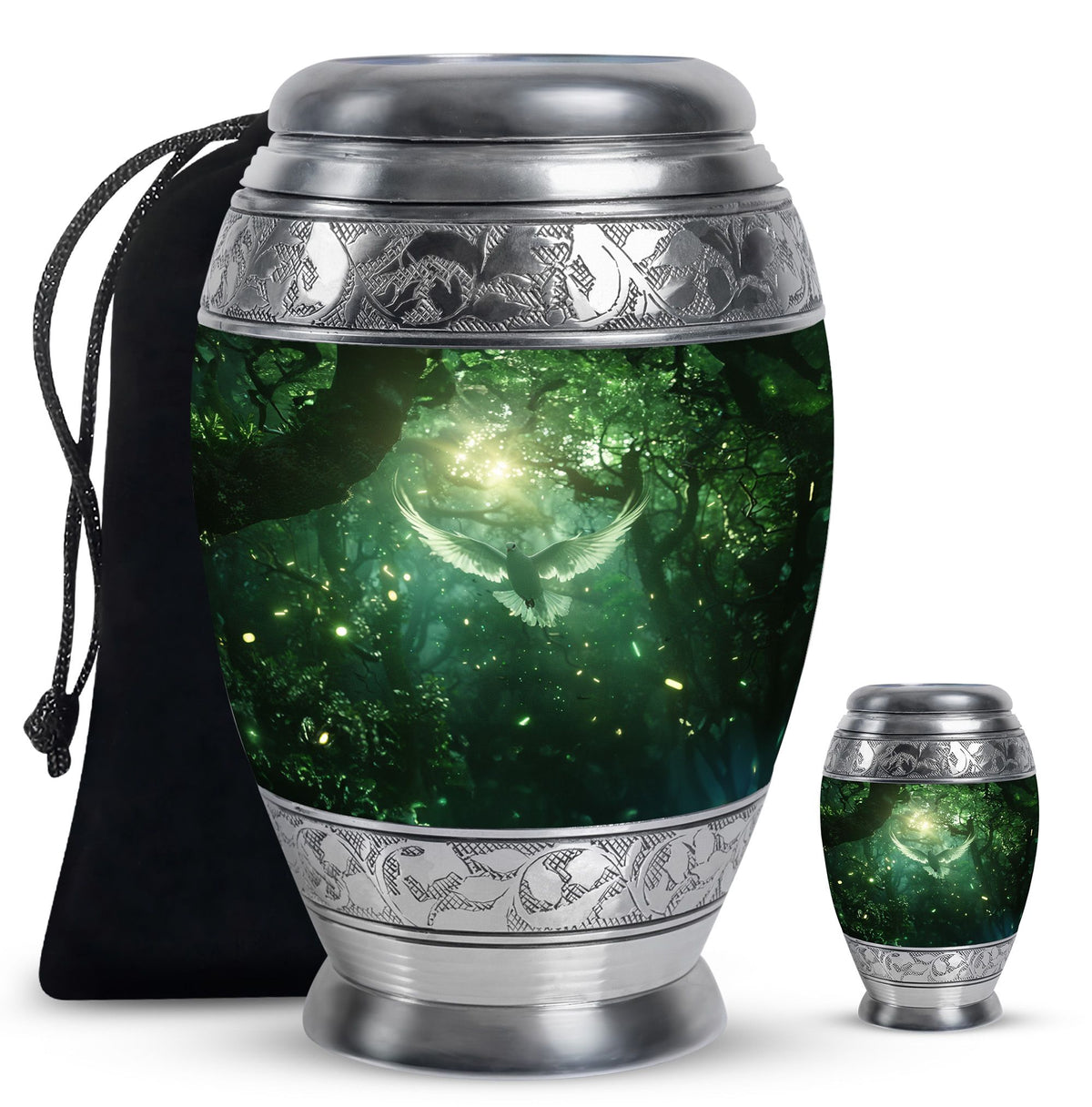 Bird Urn for Human Ashes, White Dove Through Glowing Forest, Green Memorial Urn