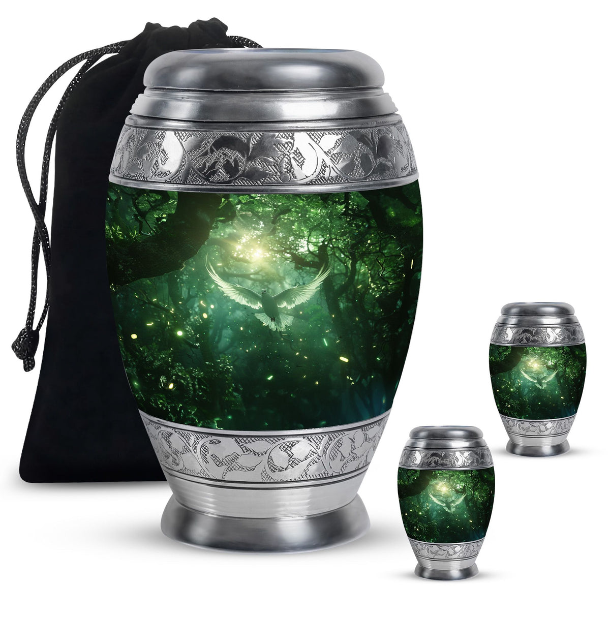 Bird Urn for Human Ashes, White Dove Through Glowing Forest, Green Memorial Urn