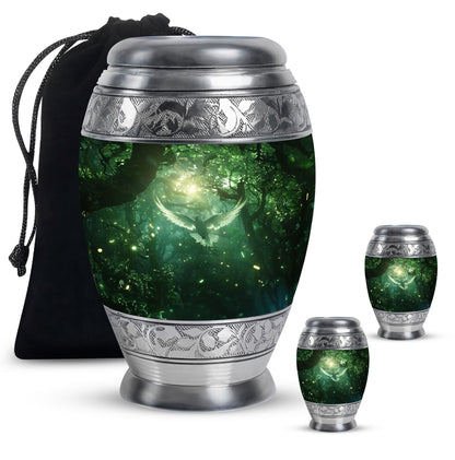 Bird Urn for Human Ashes, White Dove Through Glowing Forest, Green Memorial Urn