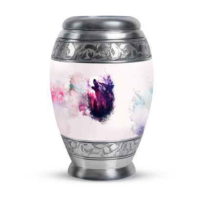Wolf Urn for Human Ashes, White Watercolor Howling at the Moon, Classic Urn