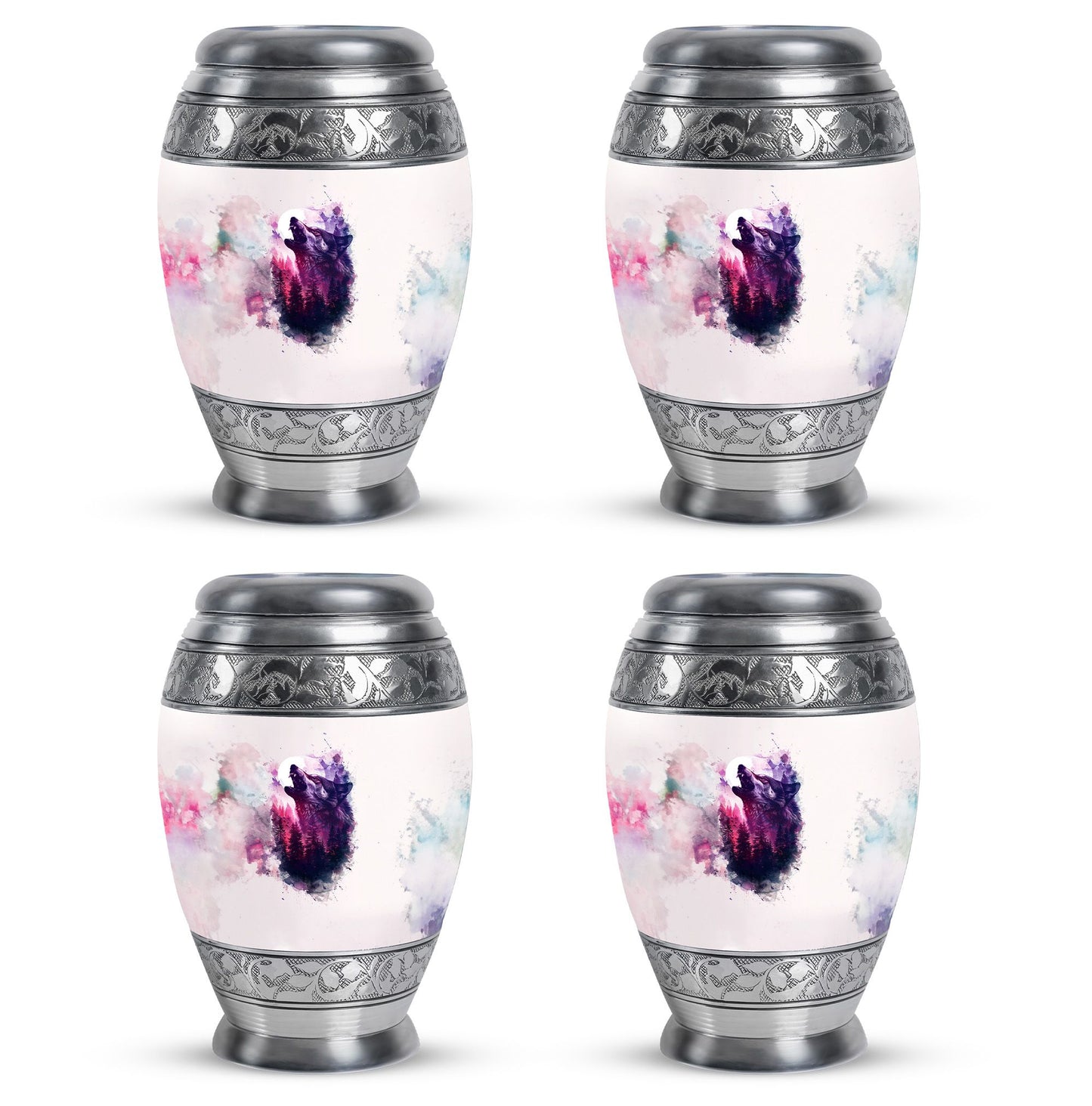 Wolf Urn for Human Ashes, White Watercolor Howling at the Moon, Classic Urn