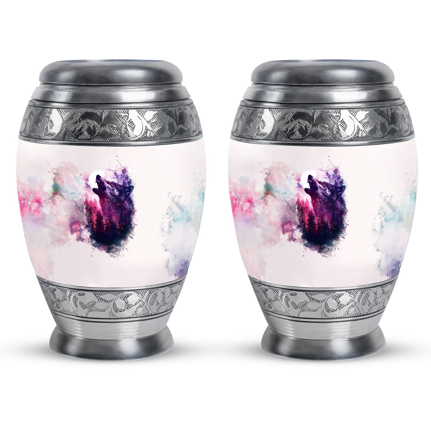 Wolf Urn for Human Ashes, White Watercolor Howling at the Moon, Classic Urn