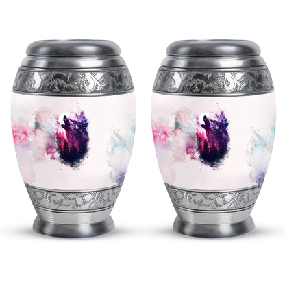 Wolf Urn for Human Ashes, White Watercolor Howling at the Moon, Classic Urn