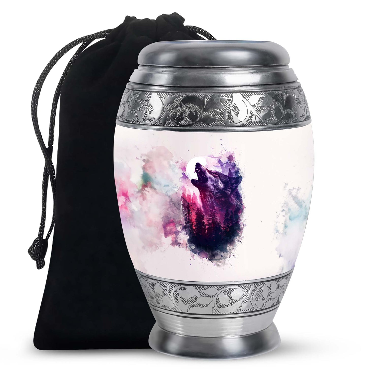 Wolf Urn for Human Ashes, White Watercolor Howling at the Moon, Classic Urn