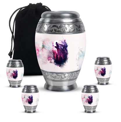 Wolf Urn for Human Ashes, White Watercolor Howling at the Moon, Classic Urn