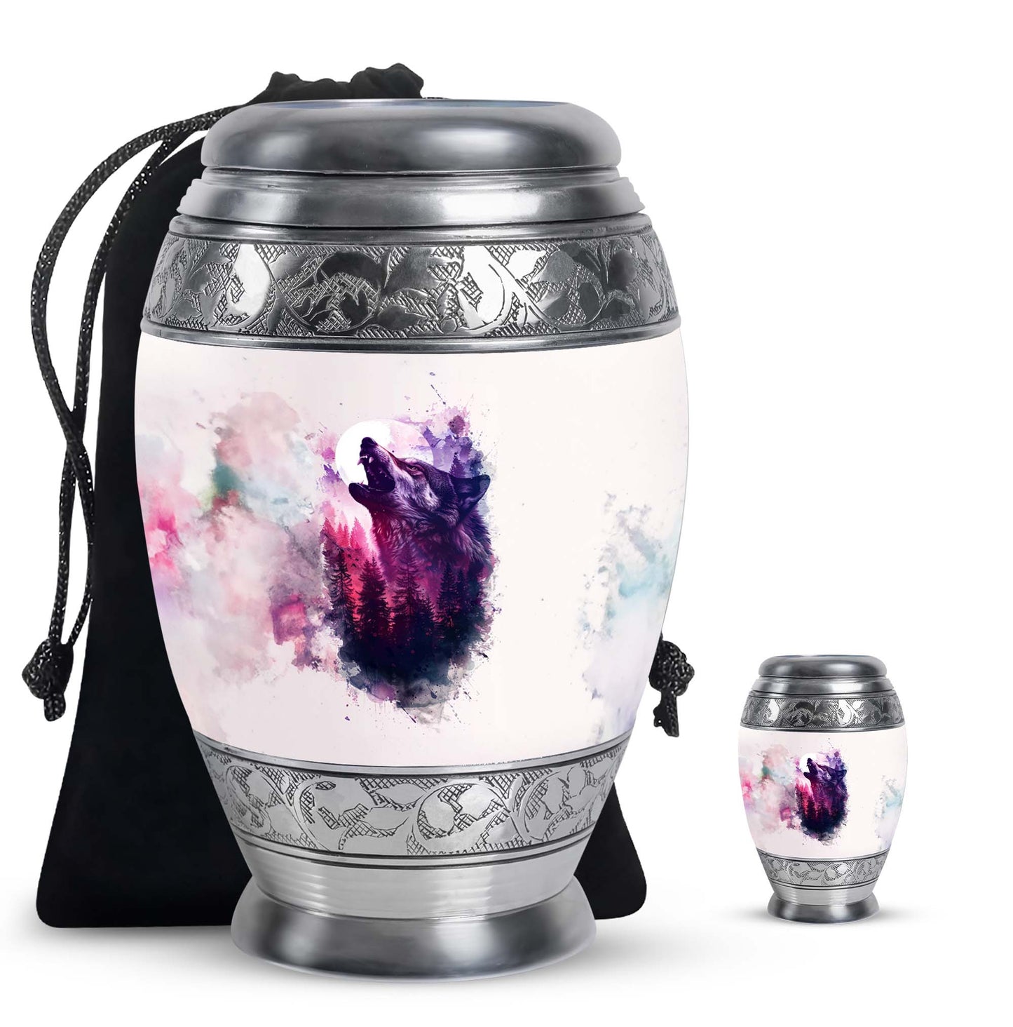 Wolf Urn for Human Ashes, White Watercolor Howling at the Moon, Classic Urn