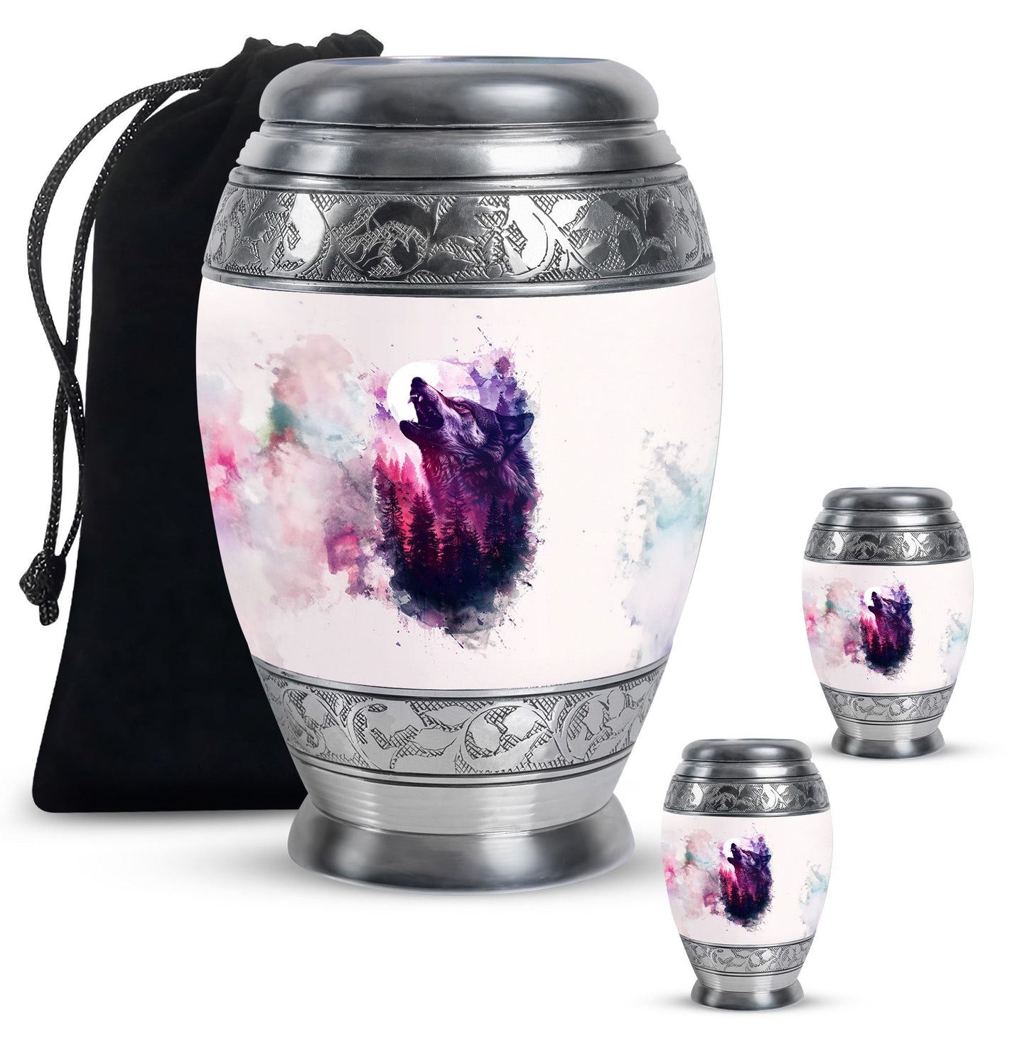 Wolf Urn for Human Ashes, White Watercolor Howling at the Moon, Classic Urn