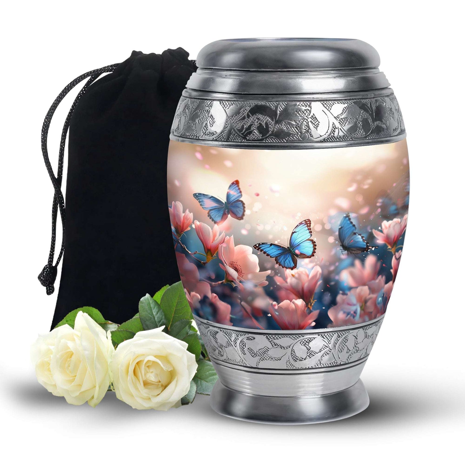 Blue Butterfly Urn for Ashes – Pink Floral Memorial Urn
