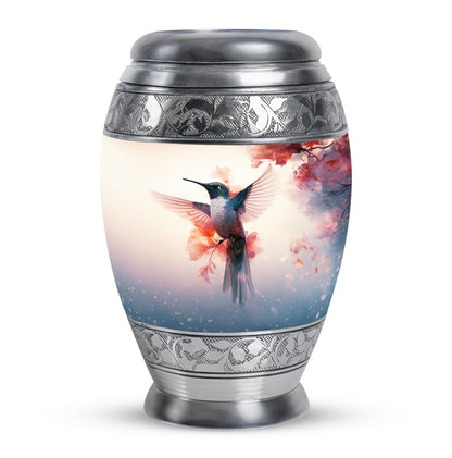 Hummingbird Urn for Human Ashes with Pink Floral Accents, White Memorial Urn