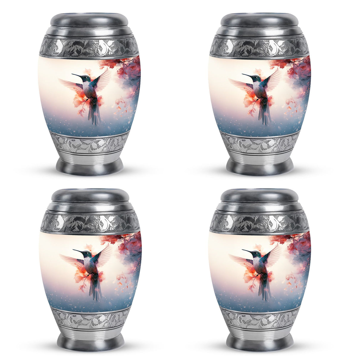 Hummingbird Urn for Human Ashes with Pink Floral Accents, White Memorial Urn