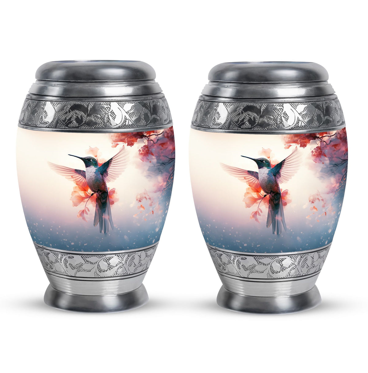 Hummingbird Urn for Human Ashes with Pink Floral Accents, White Memorial Urn