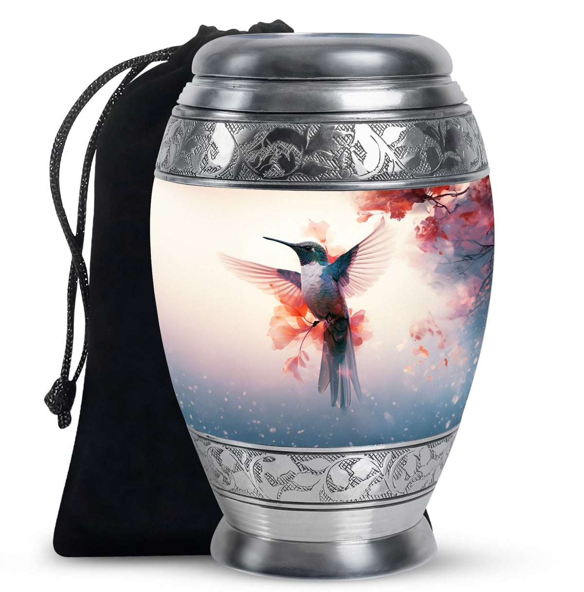 Hummingbird Urn for Human Ashes with Pink Floral Accents, White Memorial Urn