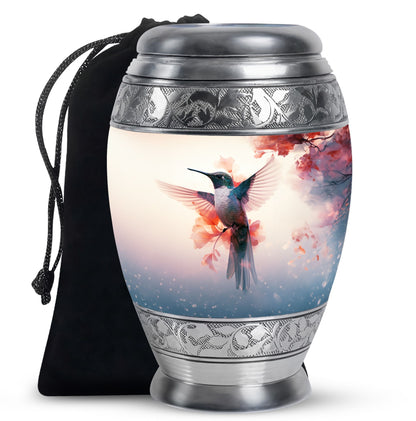 Hummingbird Urn for Human Ashes with Pink Floral Accents, White Memorial Urn