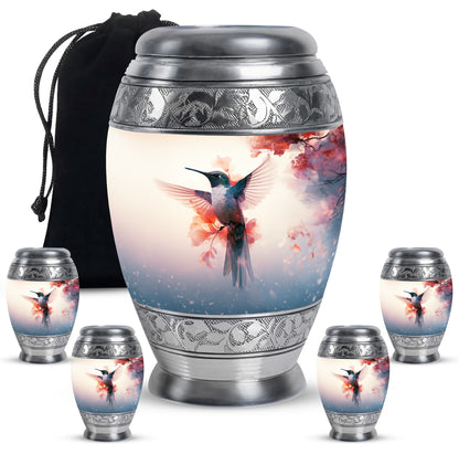 Hummingbird Urn for Human Ashes with Pink Floral Accents, White Memorial Urn