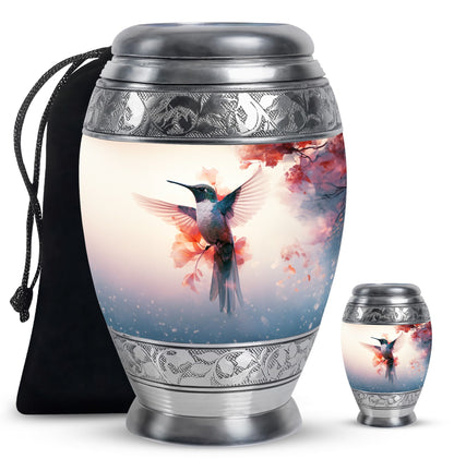 Hummingbird Urn for Human Ashes with Pink Floral Accents, White Memorial Urn