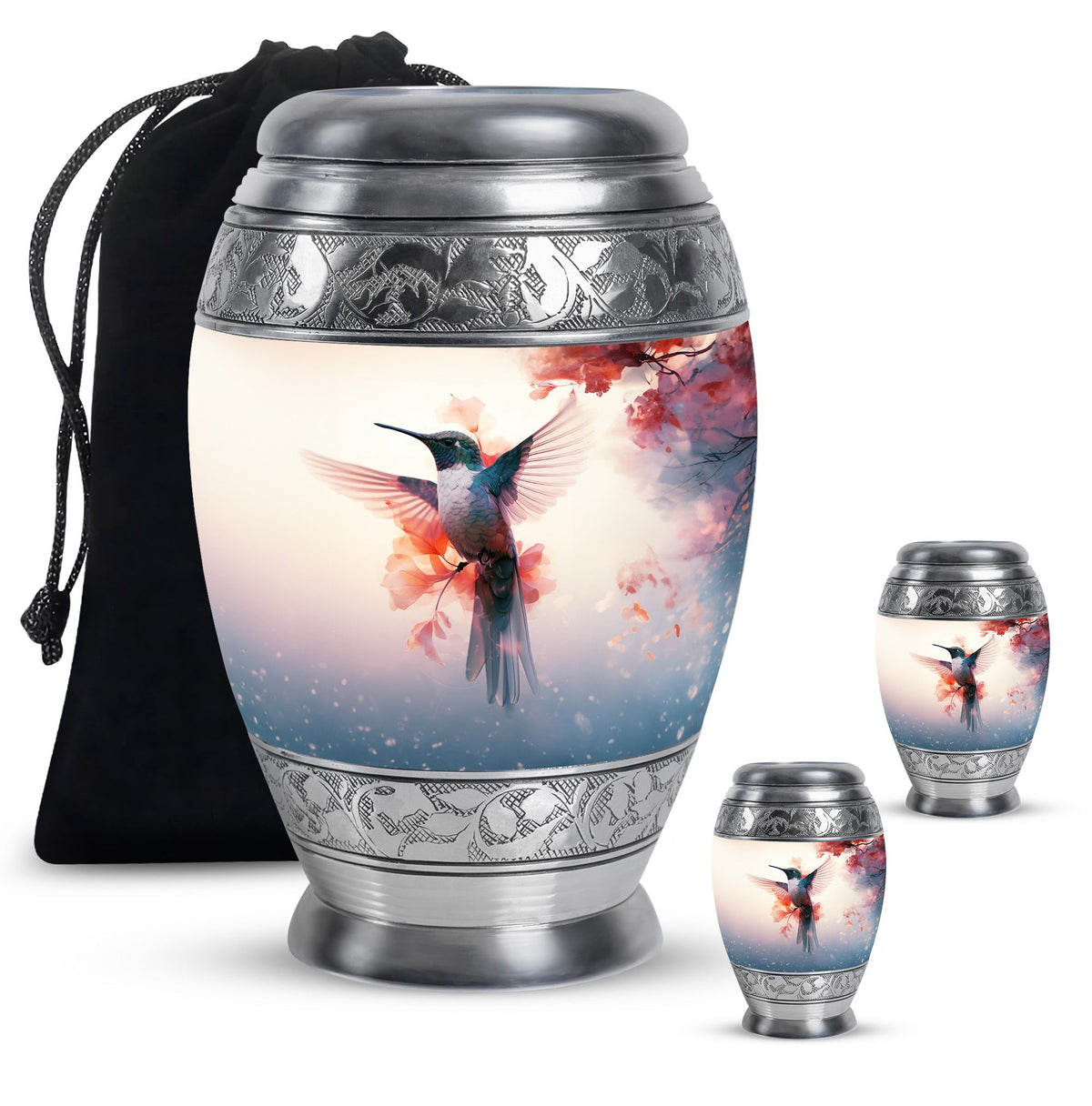 Hummingbird Urn for Human Ashes with Pink Floral Accents, White Memorial Urn