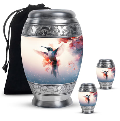 Hummingbird Urn for Human Ashes with Pink Floral Accents, White Memorial Urn