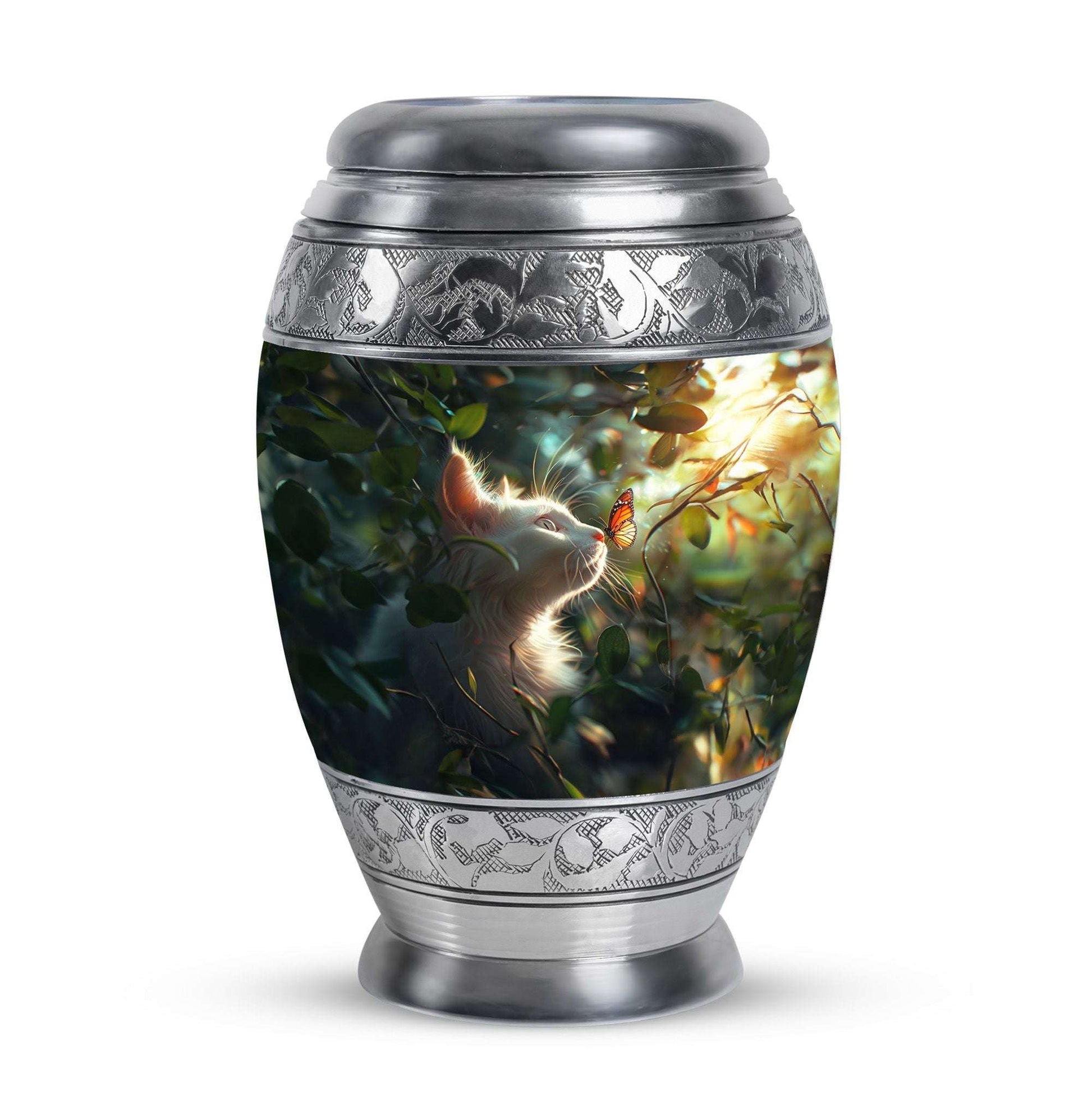 Majestic White Cat Urns For Funeral - Cat & Butterfly Memorial Urn