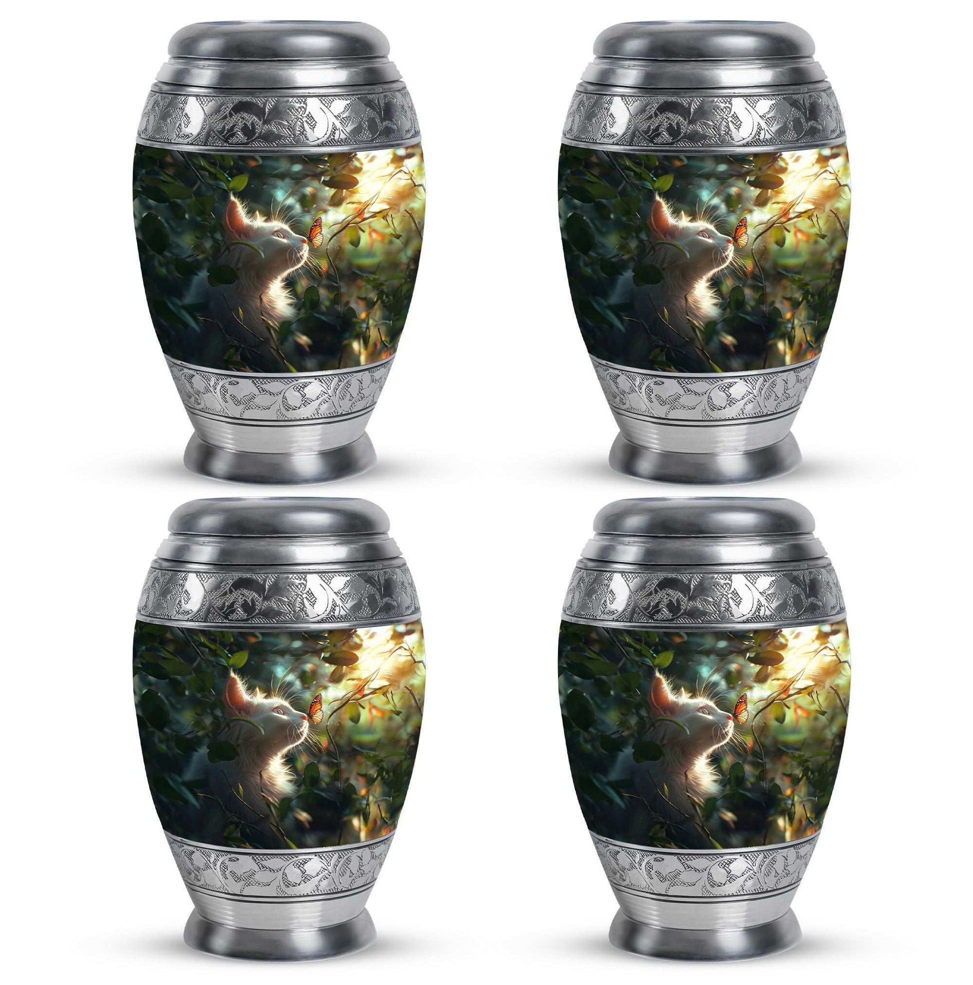 Majestic White Cat Urns For Funeral - Cat & Butterfly Memorial Urn