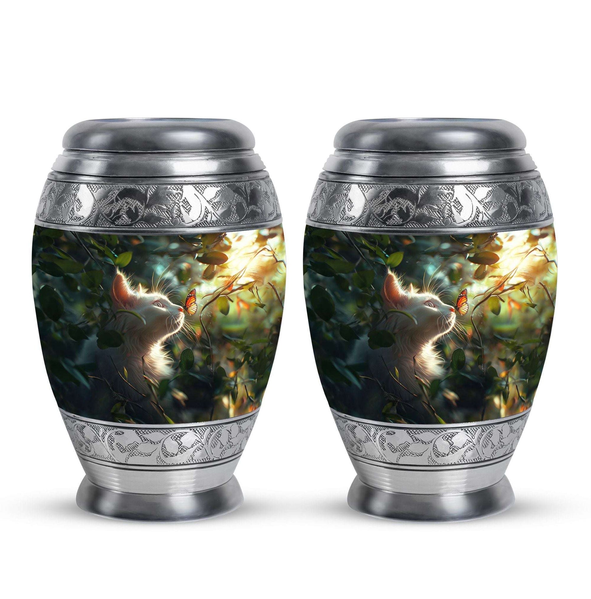 Majestic White Cat Urns For Funeral - Cat & Butterfly Memorial Urn