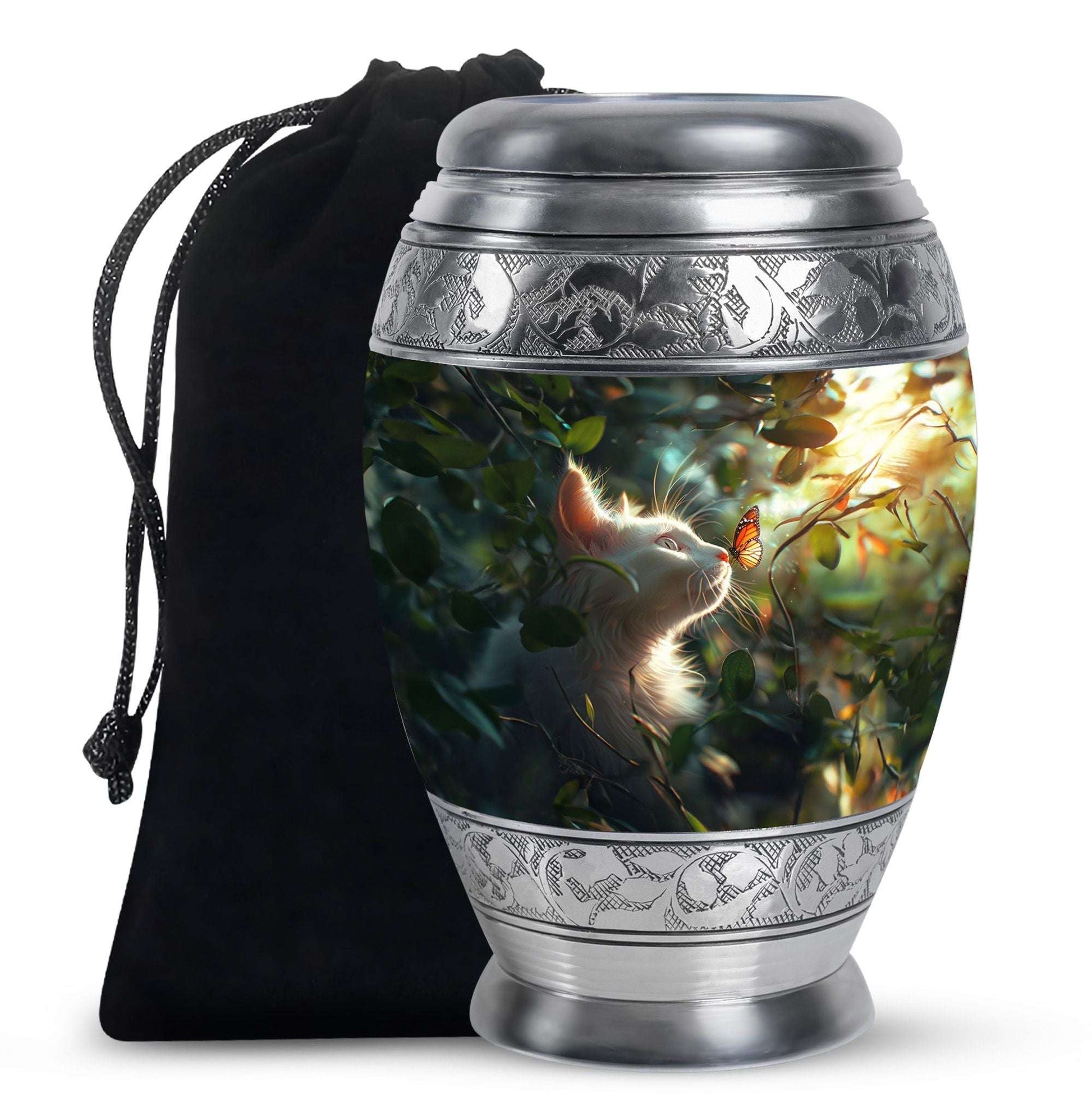 Majestic White Cat Urns For Funeral - Cat & Butterfly Memorial Urn