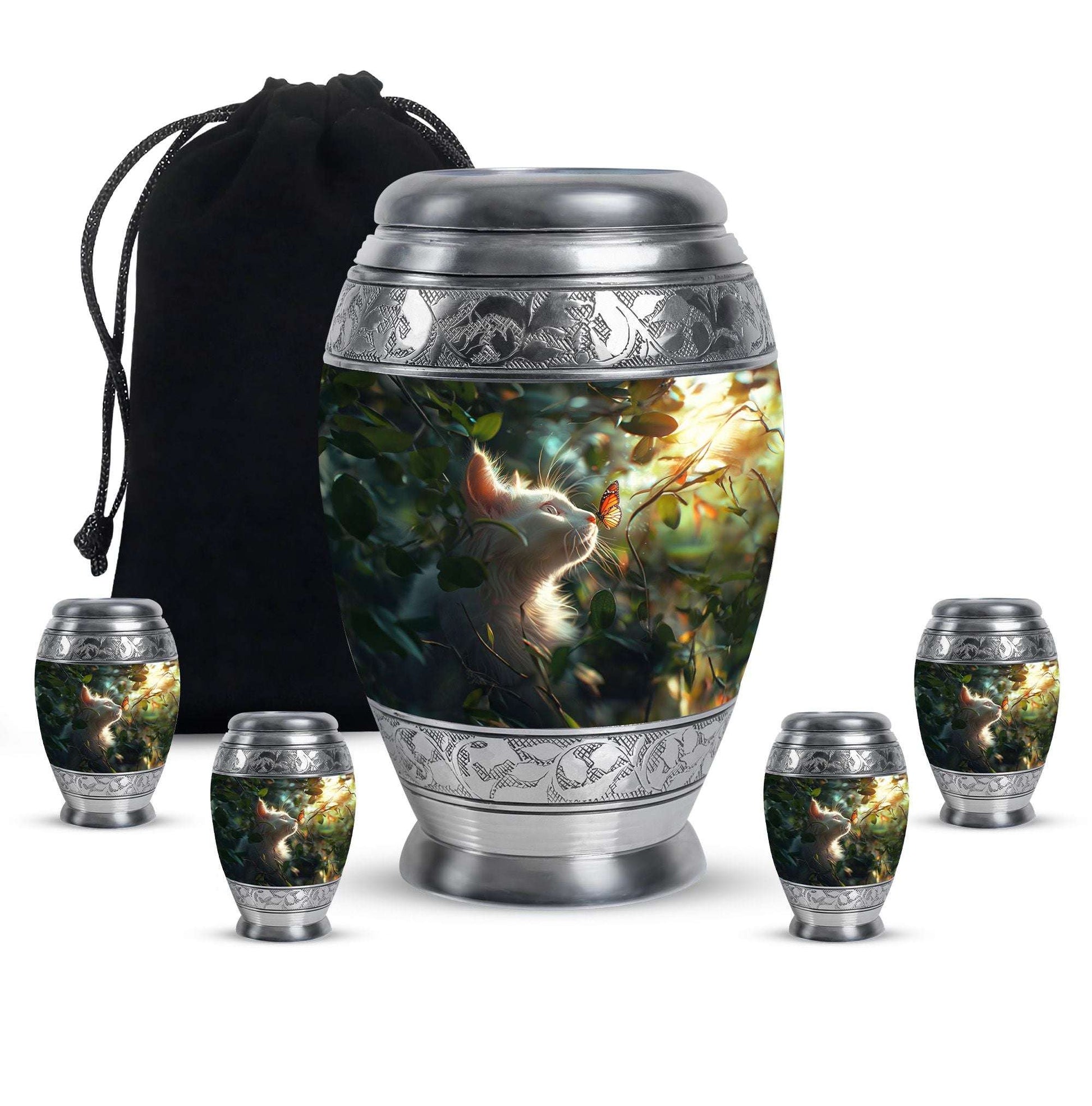 Majestic White Cat Urns For Funeral - Cat & Butterfly Memorial Urn