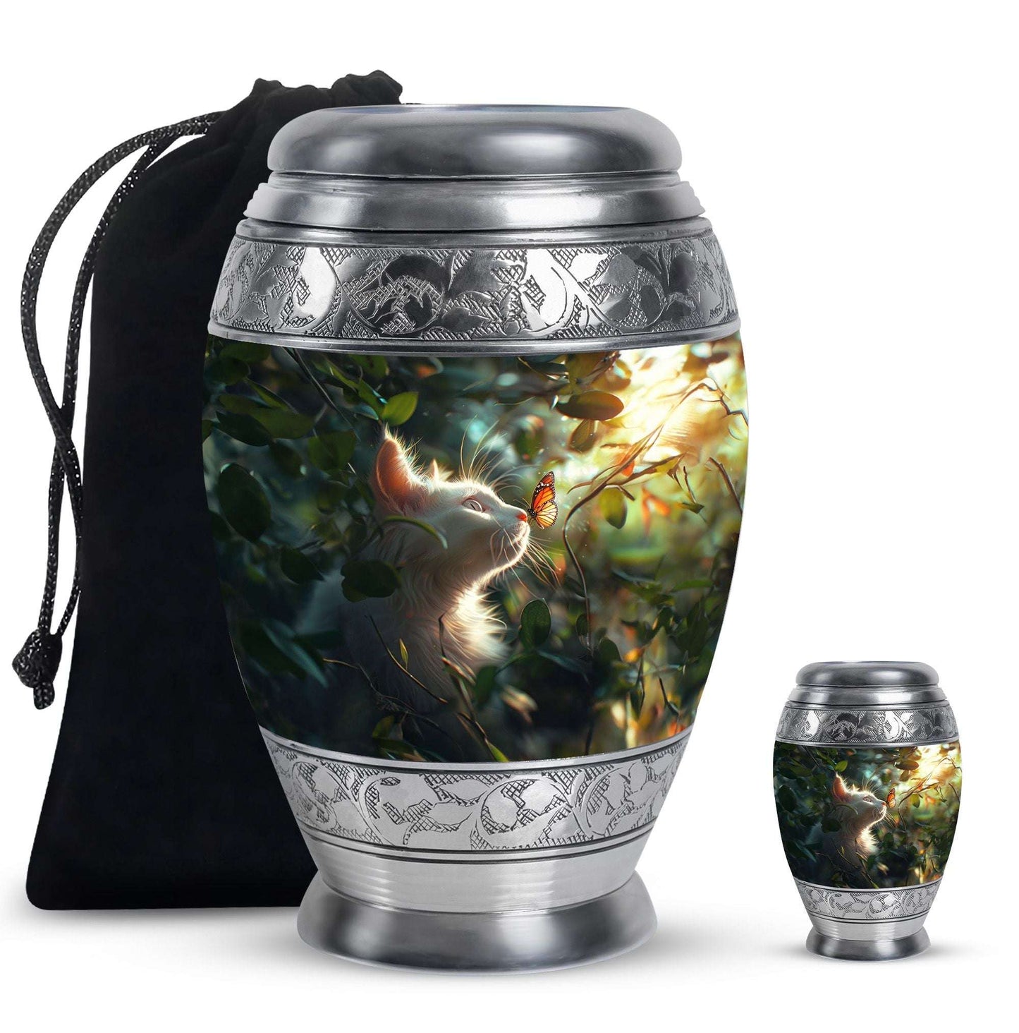 Majestic White Cat Urns For Funeral - Cat & Butterfly Memorial Urn