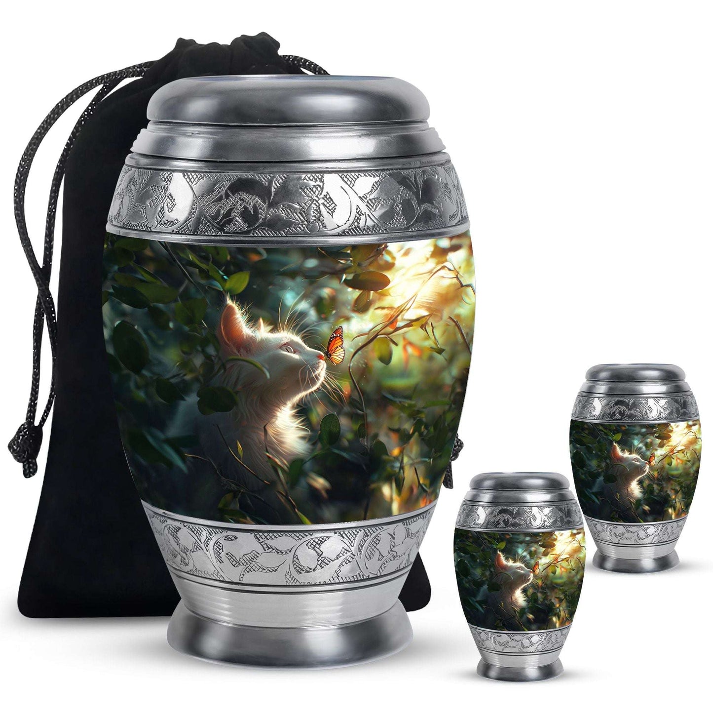 Majestic White Cat Urns For Funeral - Cat & Butterfly Memorial Urn