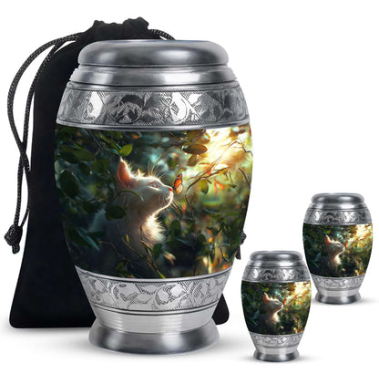 Majestic White Cat Urns For Funeral - Cat & Butterfly Memorial Urn