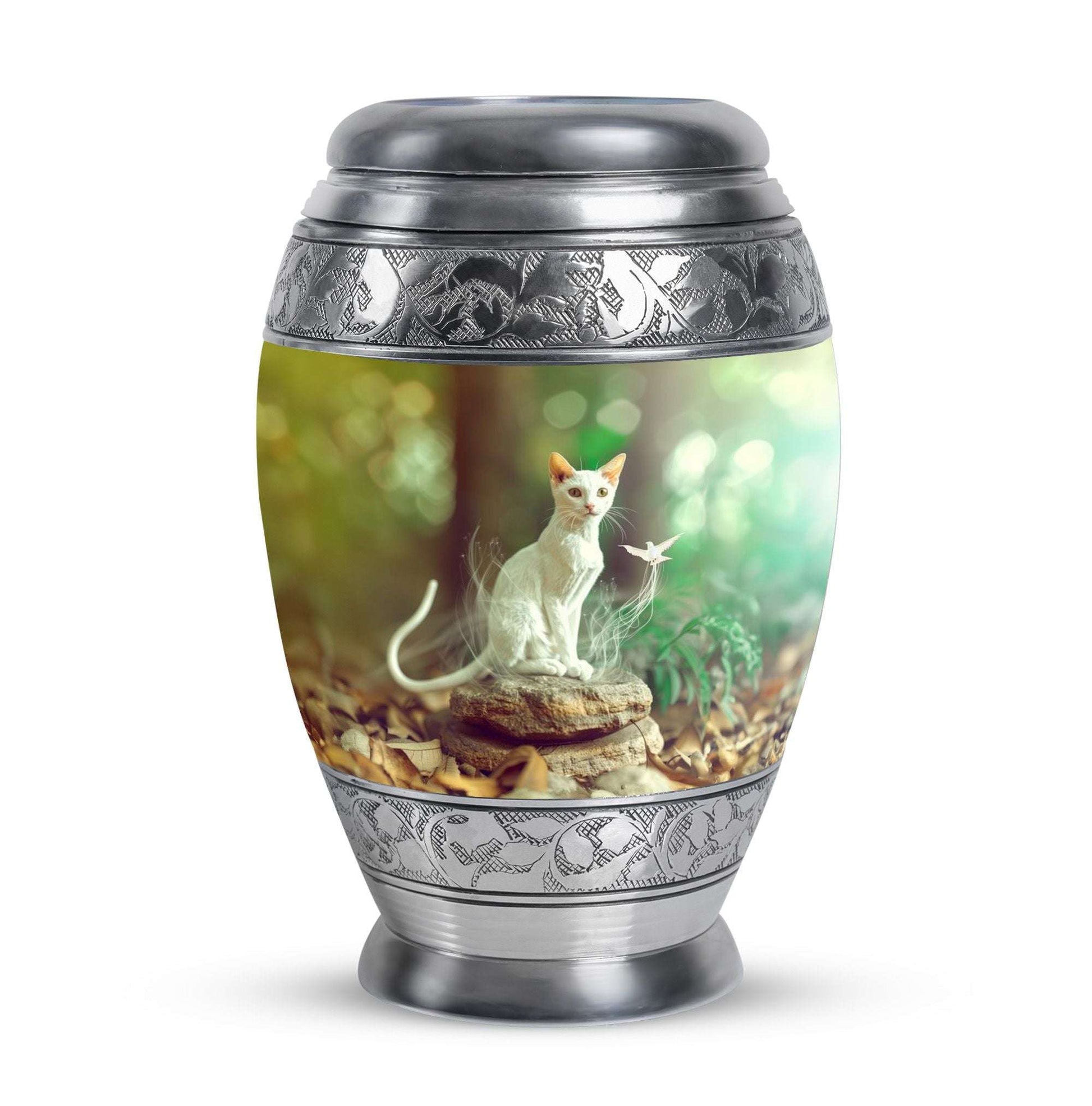 White Cat Urns For Funeral Ashes - Green Pet Cremation Urn For Cats