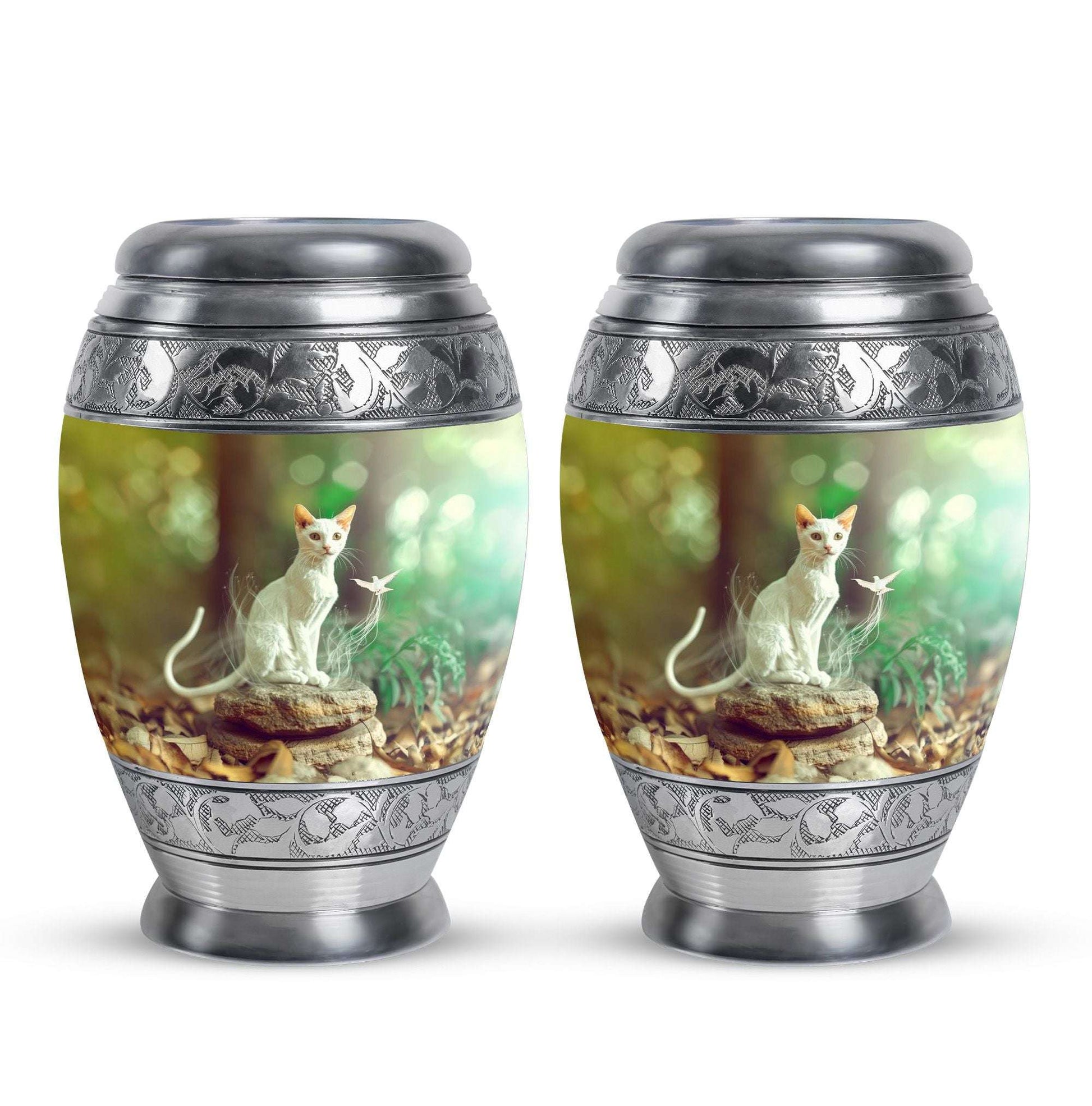 White Cat Urns For Funeral Ashes - Green Pet Cremation Urn For Cats