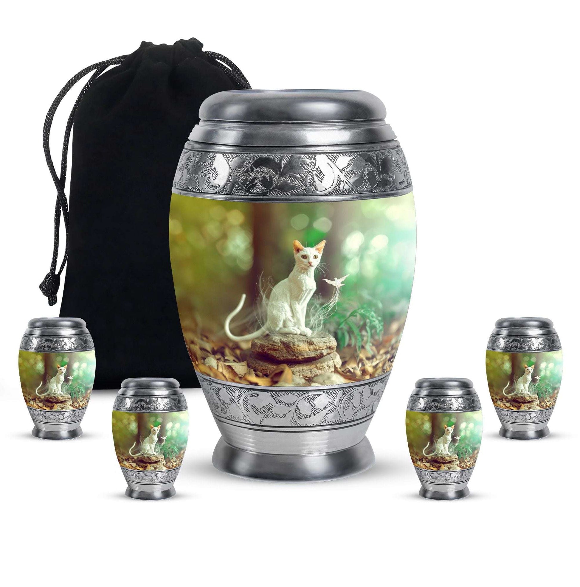 White Cat Urns For Funeral Ashes - Green Pet Cremation Urn For Cats