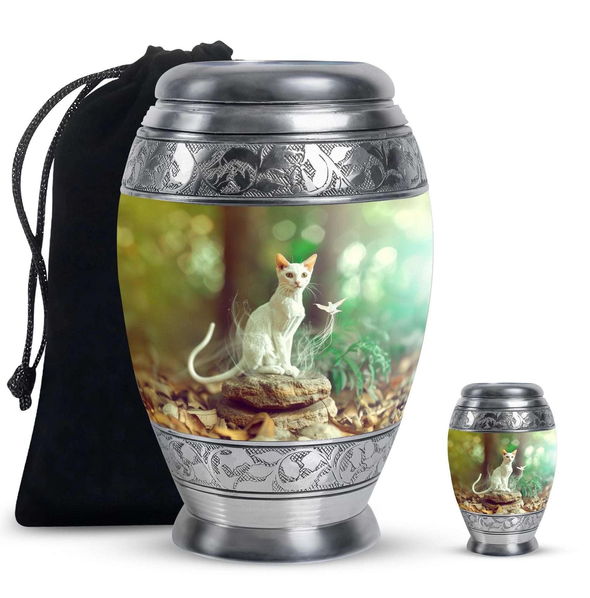 White Cat Urns For Funeral Ashes - Green Pet Cremation Urn For Cats