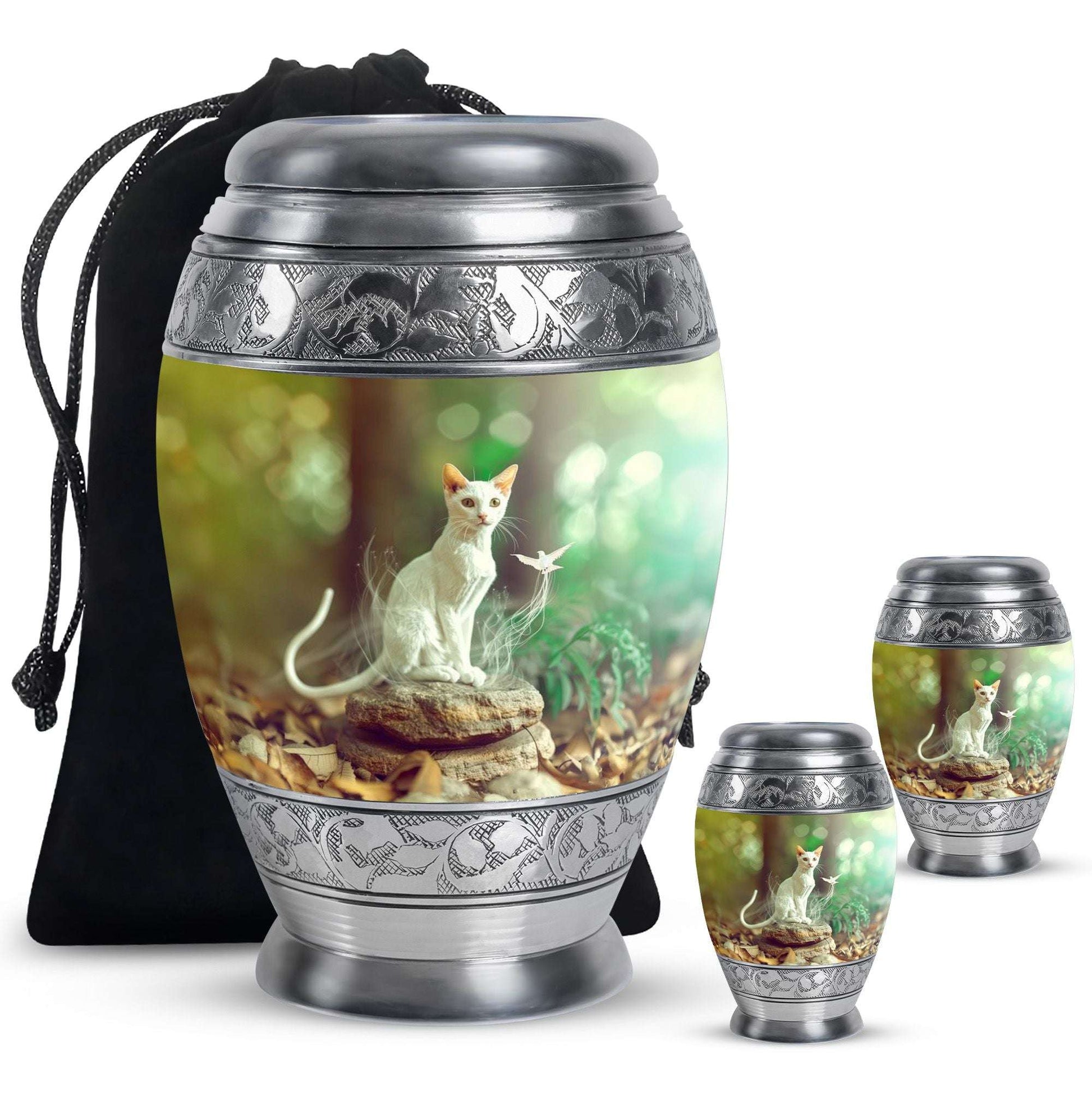 White Cat Urns For Funeral Ashes - Green Pet Cremation Urn For Cats