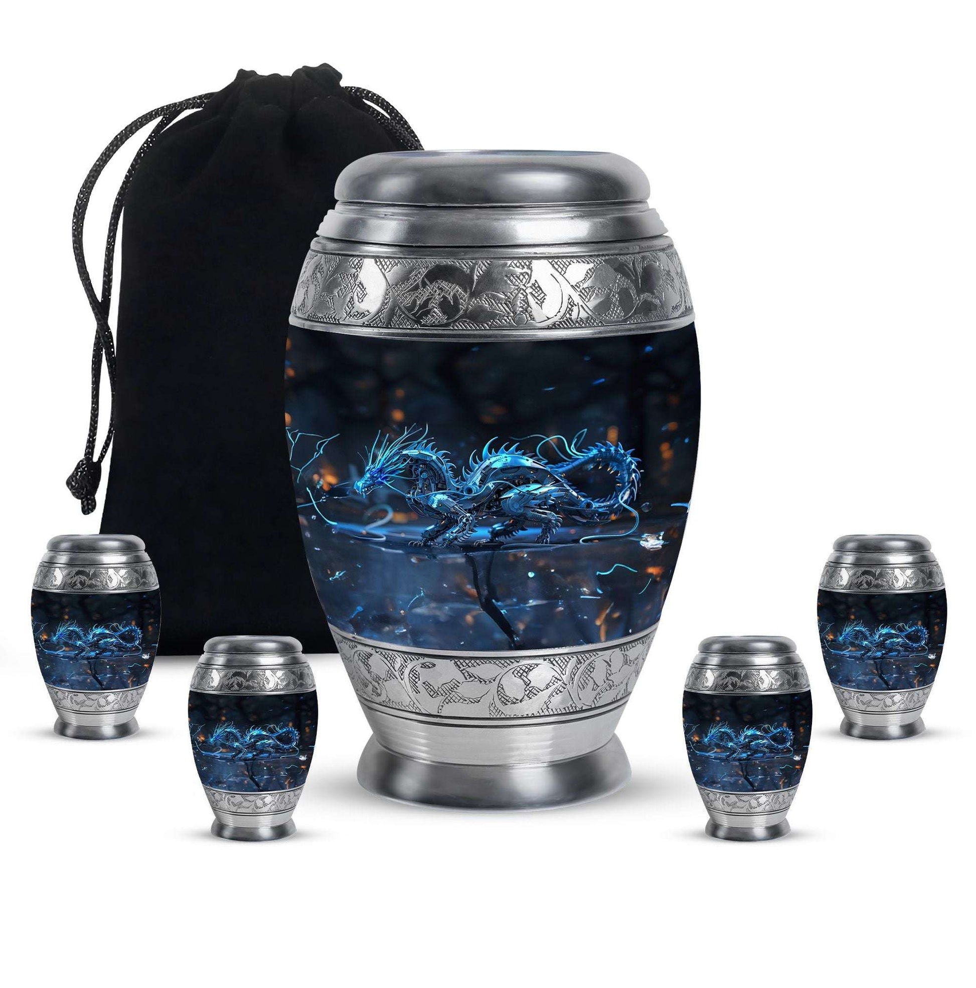 Blue Dragon Cremation Urn For Ashes - Robotic Dragon Ashes Memorial Urn