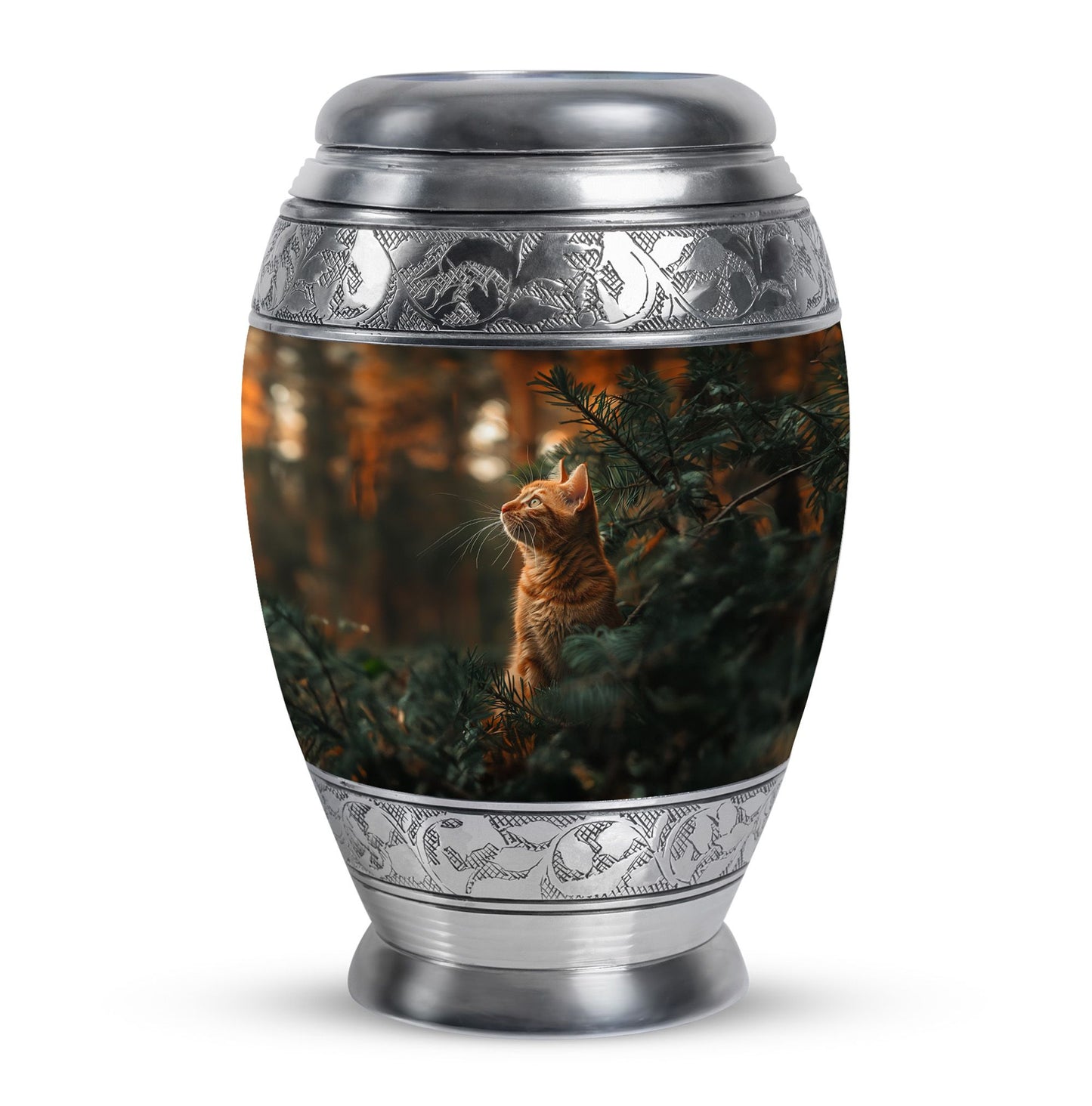 Cat Urn for Pet Ashes, Orange Cat Looking Up Among Pines, Memorial Urn