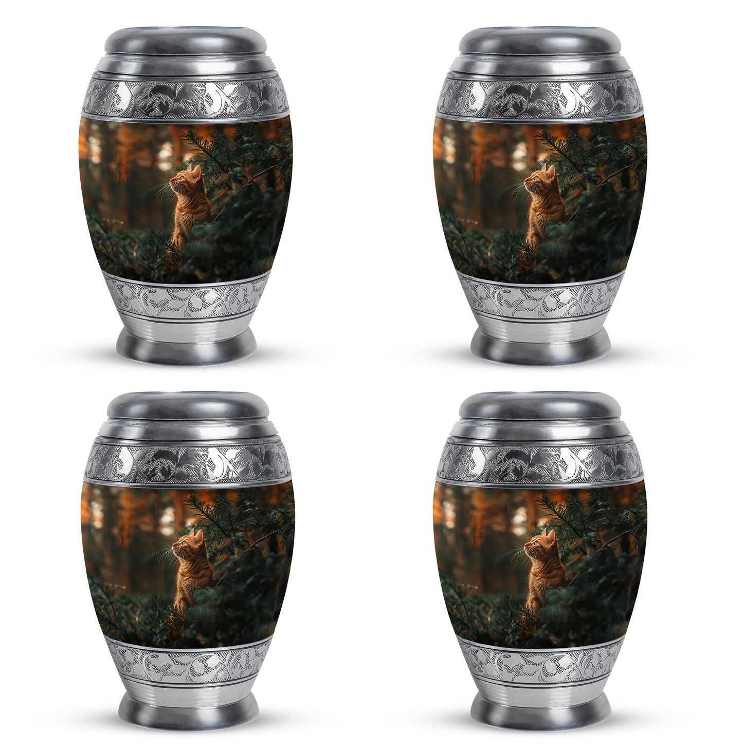 Cat Urn for Pet Ashes, Orange Cat Looking Up Among Pines, Memorial Urn