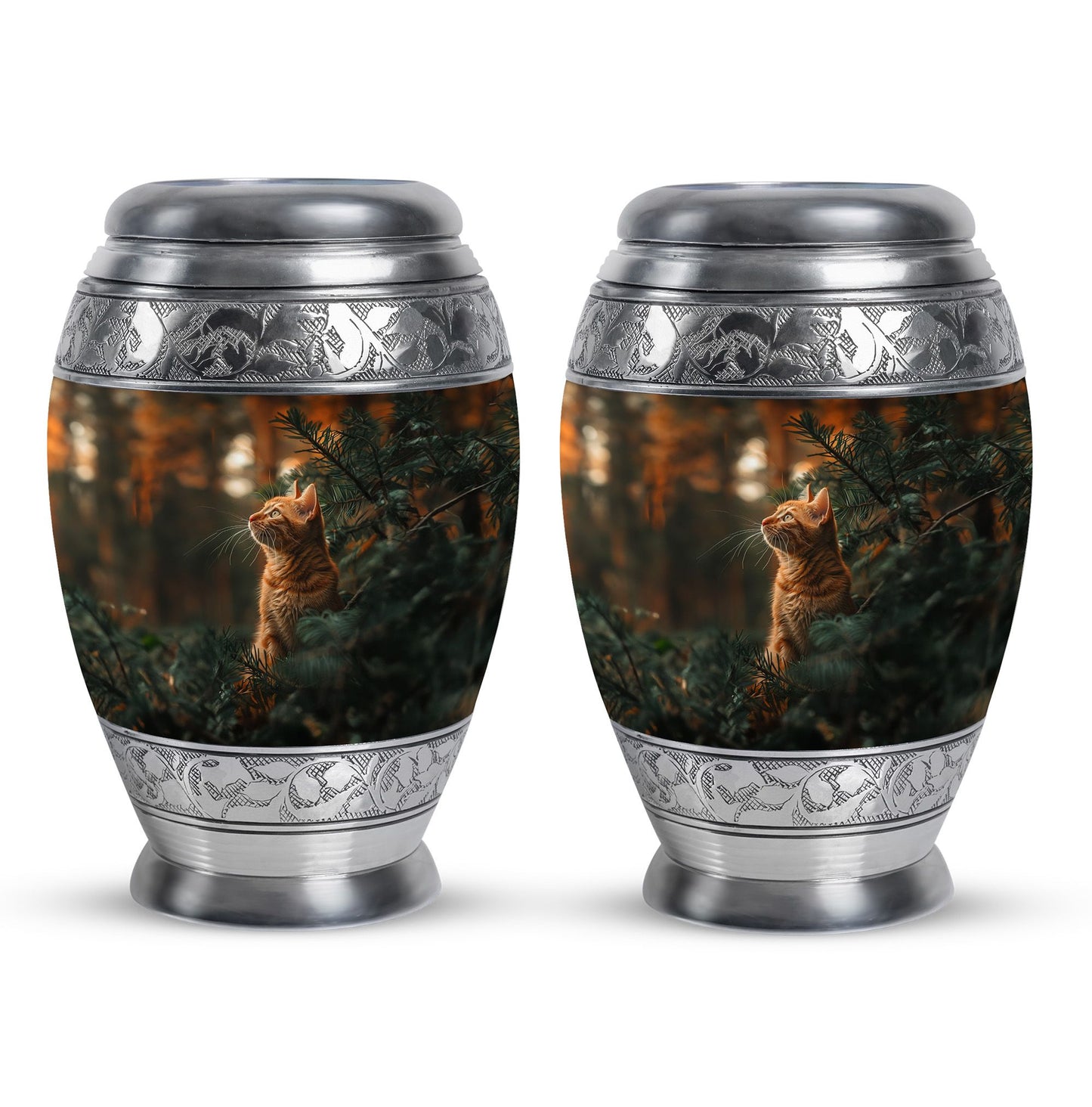 Cat Urn for Pet Ashes, Orange Cat Looking Up Among Pines, Memorial Urn