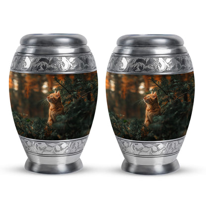 Cat Urn for Pet Ashes, Orange Cat Looking Up Among Pines, Memorial Urn