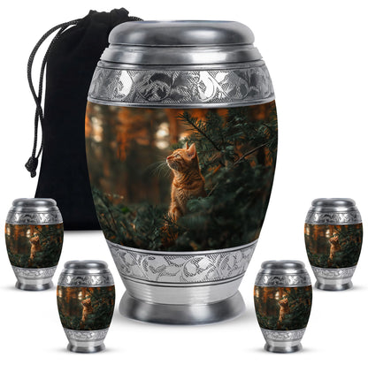 Cat Urn for Pet Ashes, Orange Cat Looking Up Among Pines, Memorial Urn