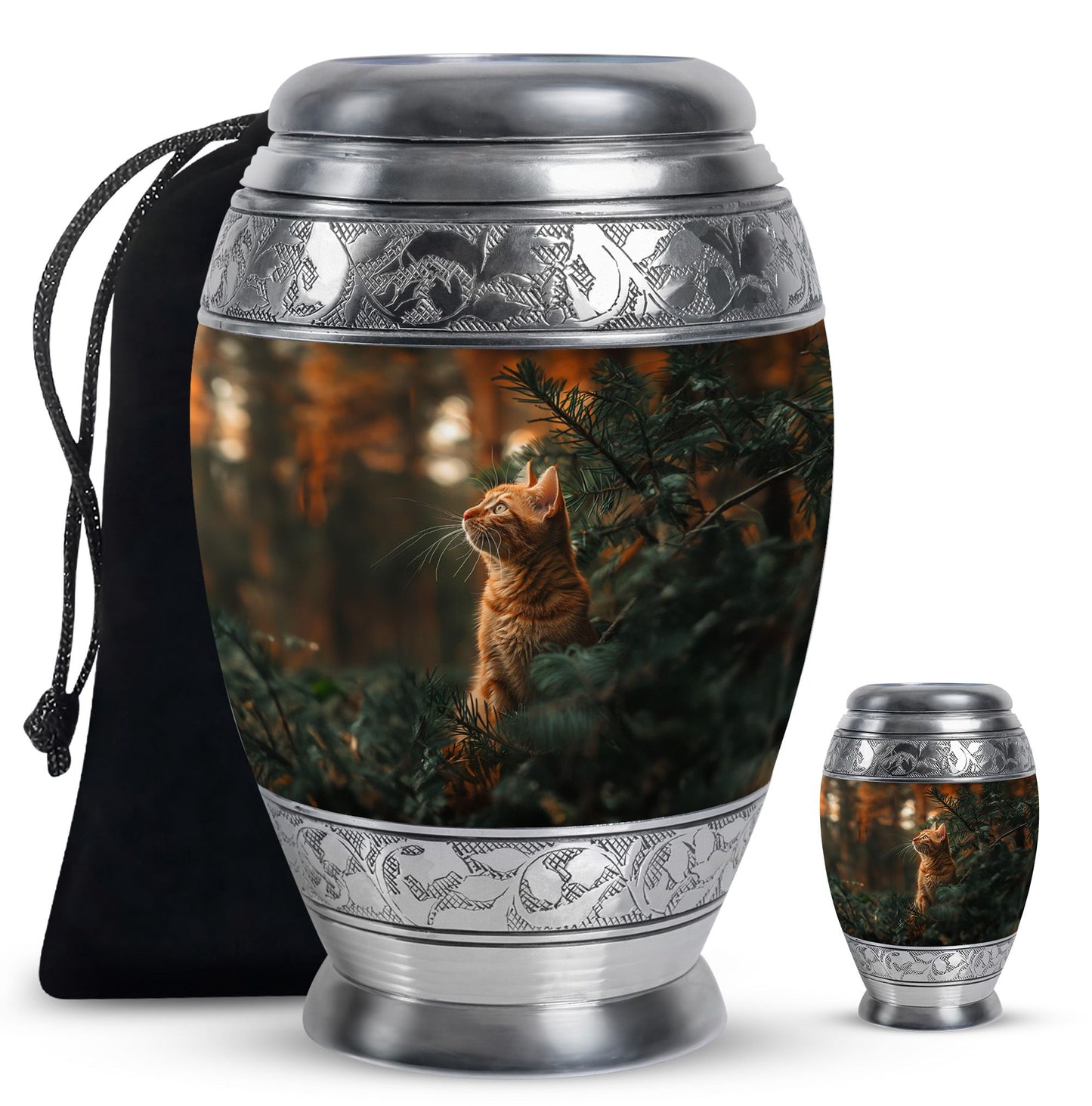 Cat Urn for Pet Ashes, Orange Cat Looking Up Among Pines, Memorial Urn