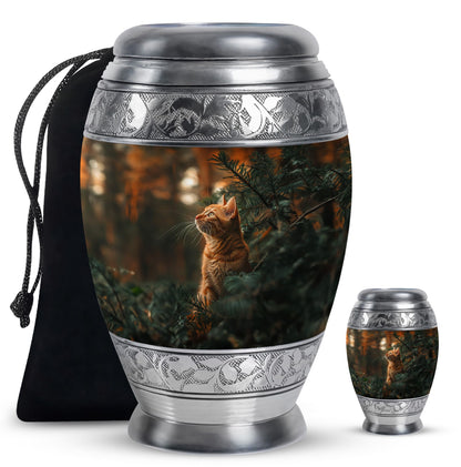 Cat Urn for Pet Ashes, Orange Cat Looking Up Among Pines, Memorial Urn