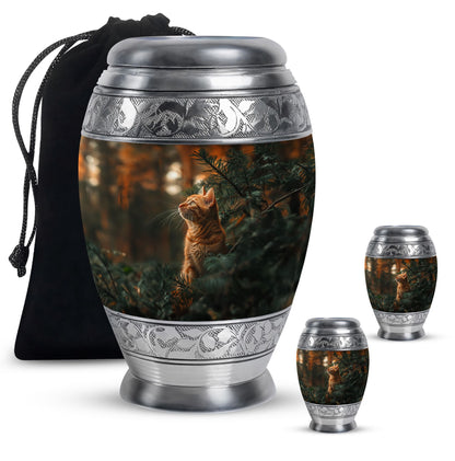 Cat Urn for Pet Ashes, Orange Cat Looking Up Among Pines, Memorial Urn