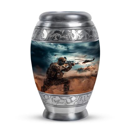 Military Urn for Human Ashes with Soldier and Helicopter Scene, Memorial Urn