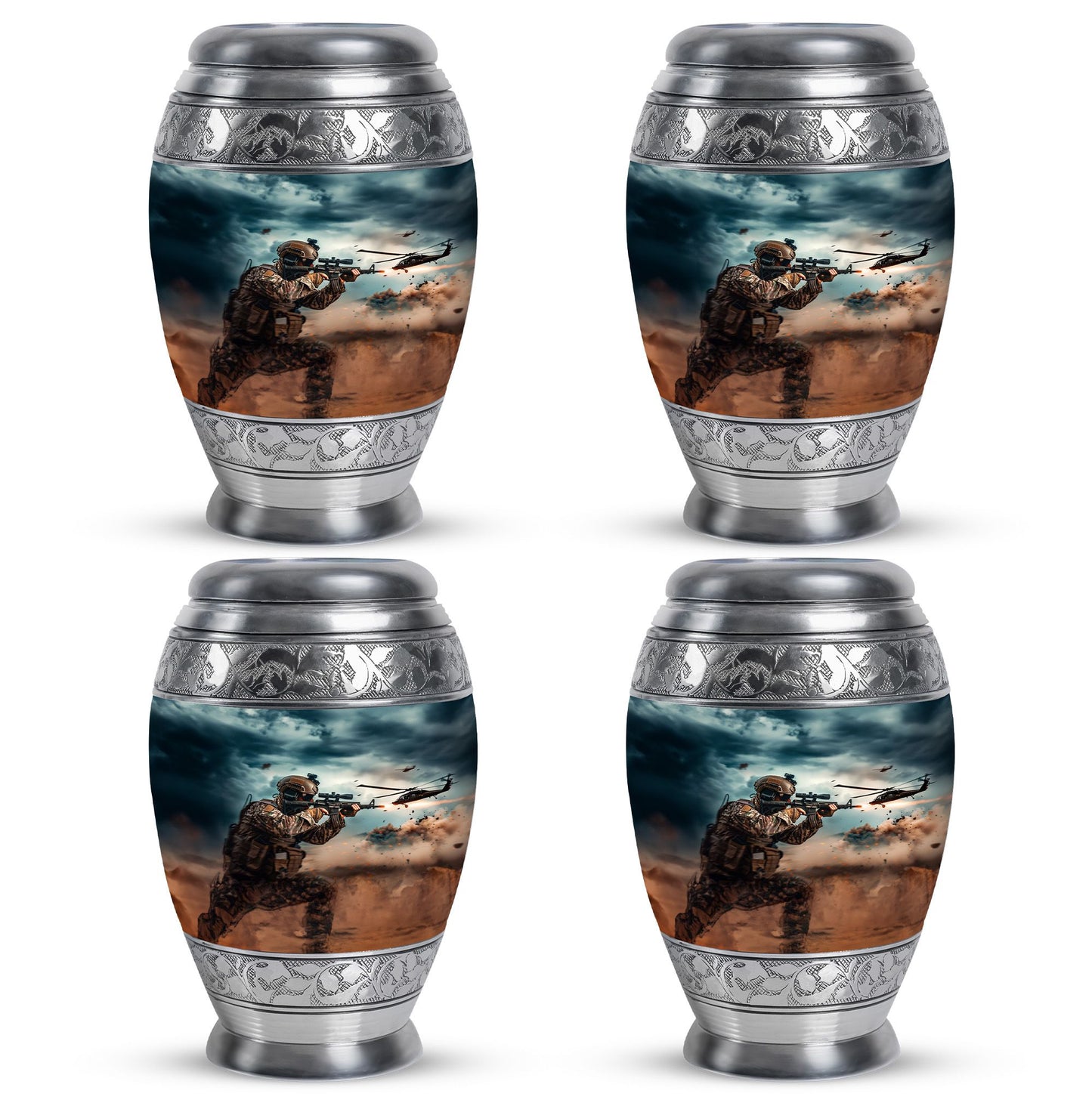 Military Urn for Human Ashes with Soldier and Helicopter Scene, Memorial Urn