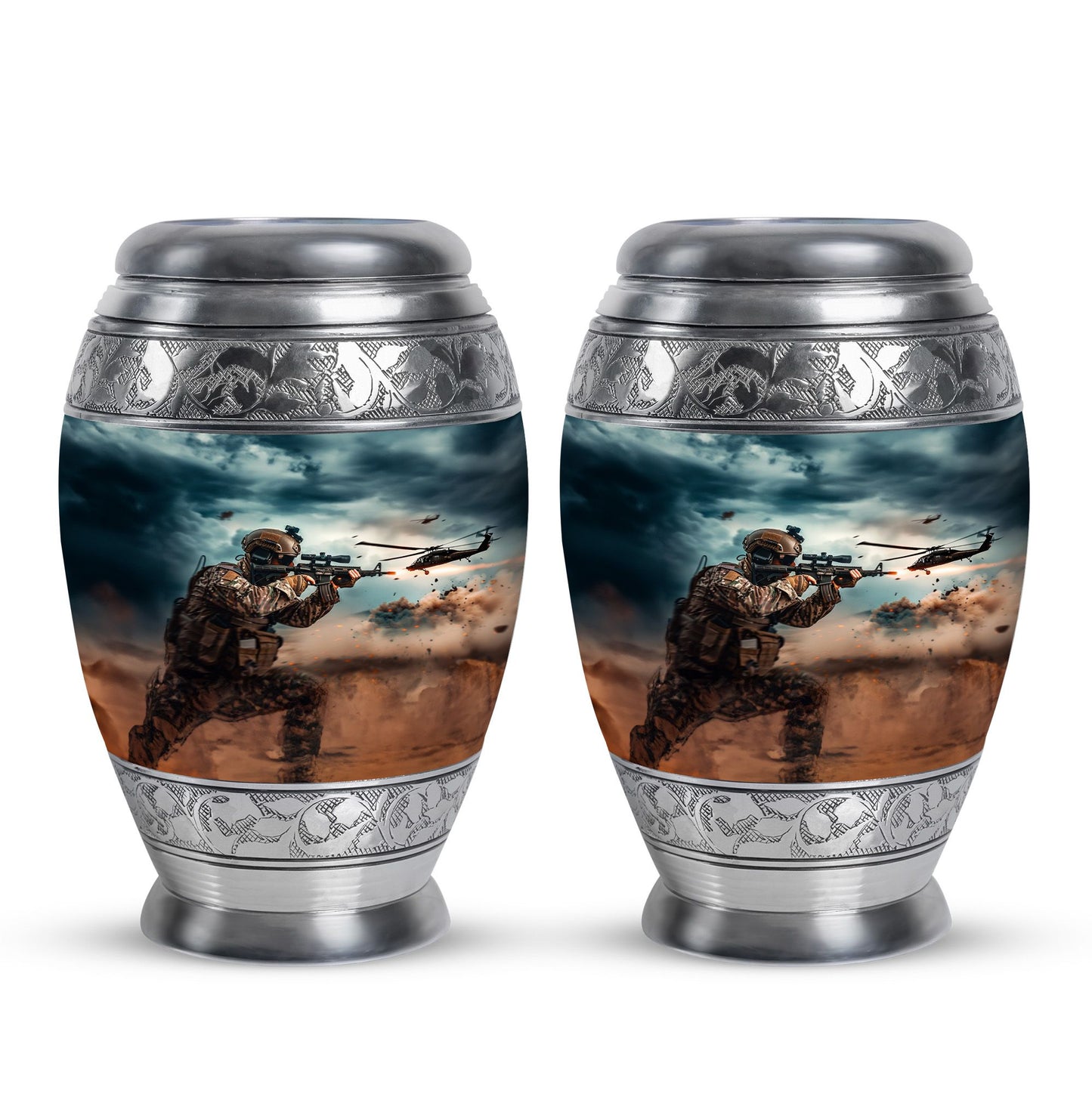 Military Urn for Human Ashes with Soldier and Helicopter Scene, Memorial Urn