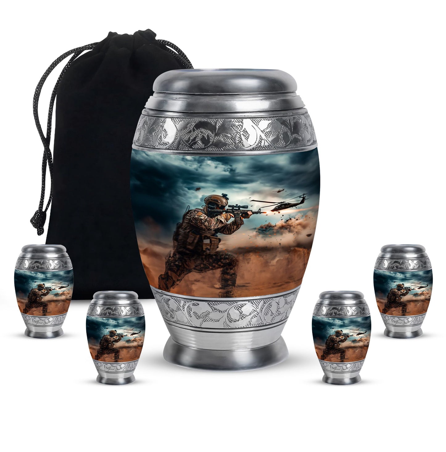 Military Urn for Human Ashes with Soldier and Helicopter Scene, Memorial Urn