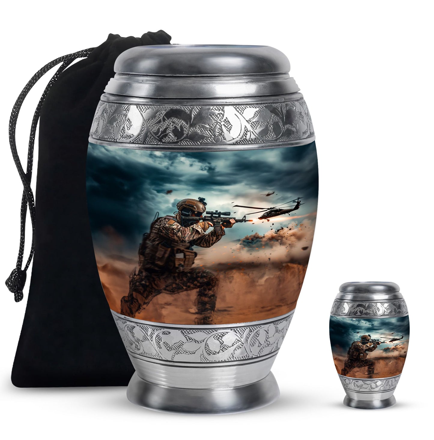 Military Urn for Human Ashes with Soldier and Helicopter Scene, Memorial Urn