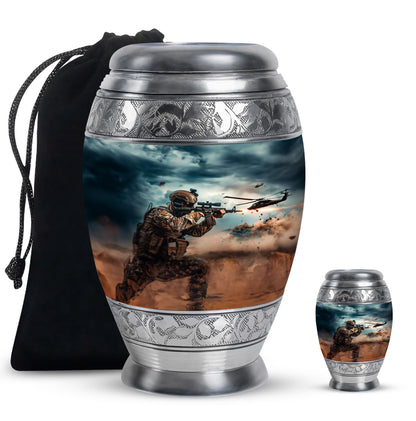 Military Urn for Human Ashes with Soldier and Helicopter Scene, Memorial Urn